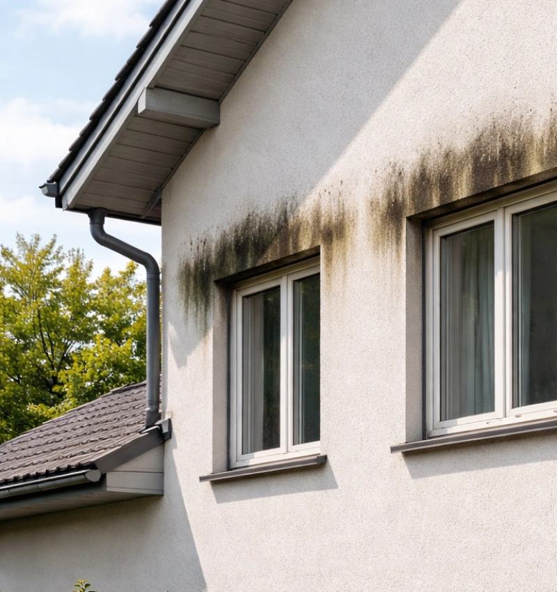 Schwarze Streifen und Algen an der Fassade über Fenstern