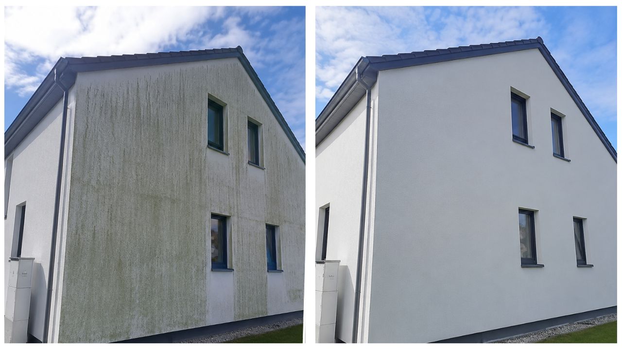 Fassade reinigen lassen Nürnberg Gereinigte Hausfassade nach einer professionellen Fassadenreinigung in Nürnberg.