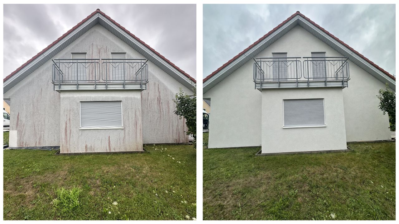 Fassadenreinigung Nürnberg Einfamilienhaus Vorher-Nachher-Ergebnis einer professionellen Fassadenreinigung an einem Einfamilienhaus in Nürnberg.