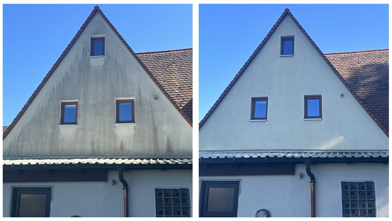 Hausfassade reinigen lassen Nürnberg Vorher-Nachher-Ergebnis einer Hausfassadenreinigung an einem Einfamilienhaus in Nürnberg.