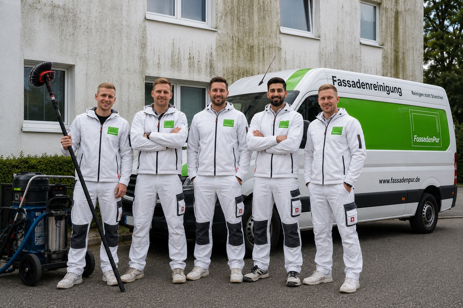 FassadenPur Team für professionelle Fassadenreinigung in Bayern vor dem Firmenfahrzeug